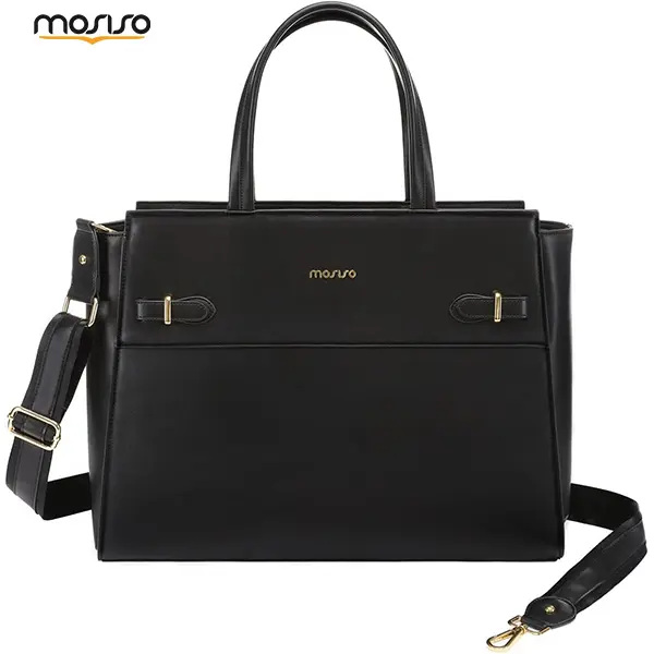 MOSISO Women's Elegant Casual Synthetic PU Leather Laptop Tote Satchel, 15.6in Waterproof High-Capacity Plain Shoulder Bag with Adjustable Strap, Thick Padded Foam Section, Multi-Compartment, Velcro Closure, Office/Business Ready (Do Not Wash), Office Rea