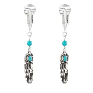 Silver Turquoise Feather Clip On Dangling Earrings