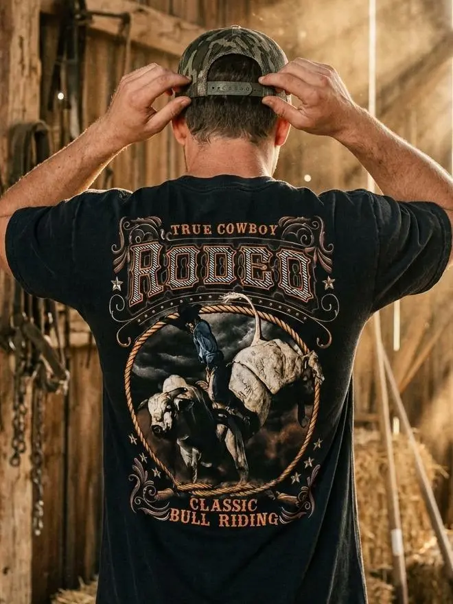 Men's Wear Cowboy Stuff Casual Classic Bull-Riding Western T-Shirt - Vintage True Cowboy Rodeo Tee (S, M Sizes), All Seasons, Layered Sleeve, Western Stuff