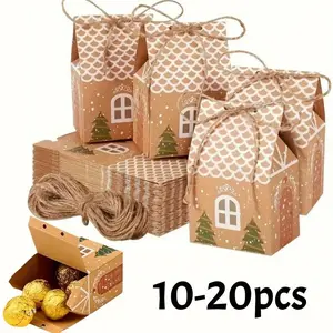 20/10pc Christmas Candy Box House-shaped Kraft Paper Gift Bag for Cookie Pack with Twine Festival Party Favors Xmas Tree Decor