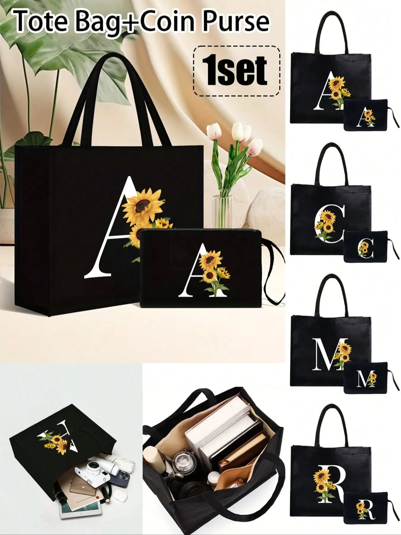 Linen Handbag Set, A-Z Sunflower Print, Personalized Tote Bag, Stylish Tote Bag, Casual Tote Bag, Aesthetic Tote, Gift Bag, Shoulder Bag, Large Capacity, Perfect for Women, Reusable Tote