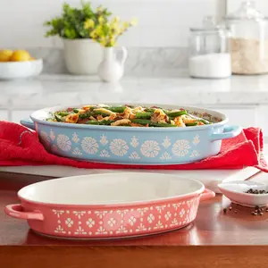 Sweet Romance Blossoms Assorted Color Oval Ceramic Baking Dish, 2-Piece Set Bakeware Colorful