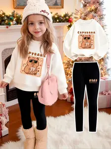 Girls' Cute Capybara Milk Tea Print Hoodie Set, Cute Clothing Set, Round Neck Hoodie & Tight Pants Two-Piece, Casual Comfortable Spring & Fall