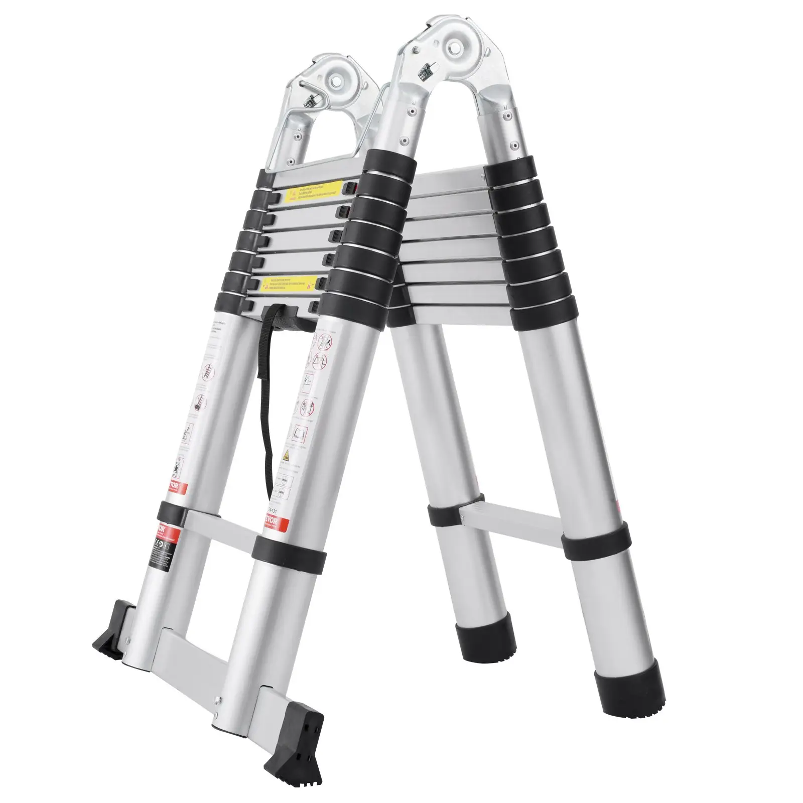 VEVOR Telescoping Ladder A-Shape w/Stabilizer Bar, Aluminum Extension Ladder Lightweight, Multi-Button Retraction Collapsible Ladder, Multi-Purpose La