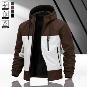 Men’s stylish two-tone hooded windbreaker jacket featuring a smooth zipper and a clean color-block design. Made from durable woven fabric that blocks wind, it’s practical for travel, coffee stops, and everyday outings.