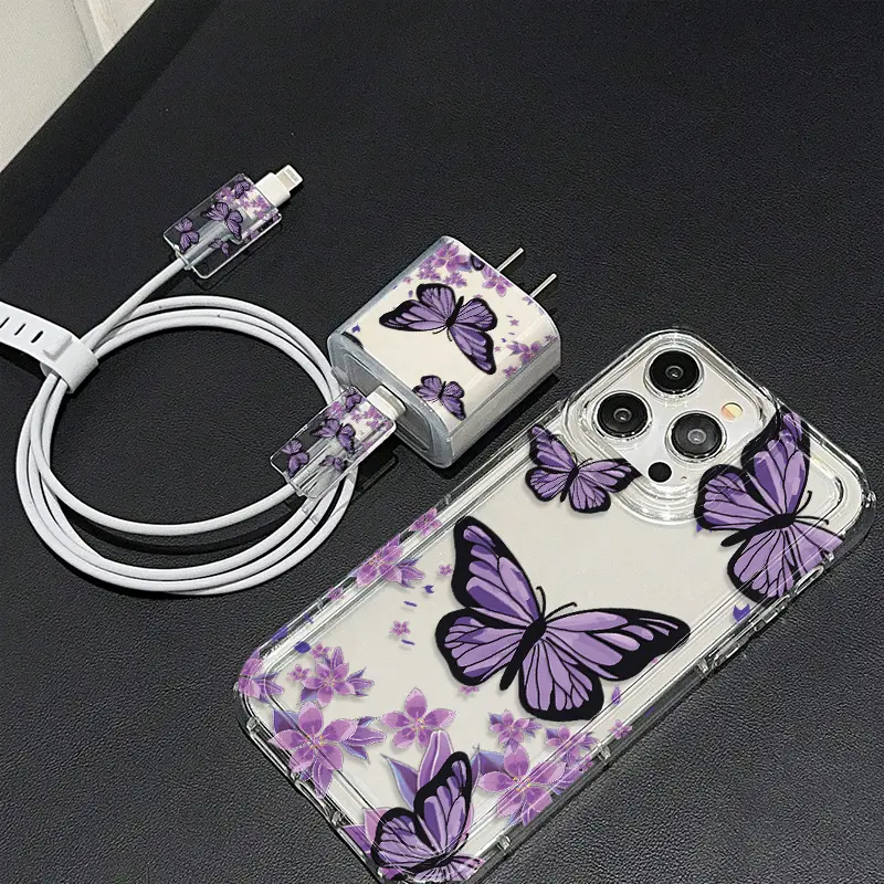 5-Piece Transparent Butterfly & Flower Protective Phone Case Cover Casing Set, Phone Accessory, Includes Charger Cap, Cable Protector, & Storage Strap for iPhone 6/7/8/x/11/12/13/14 Pro Max, Holiday Gift for Couples & Teens, Accessories