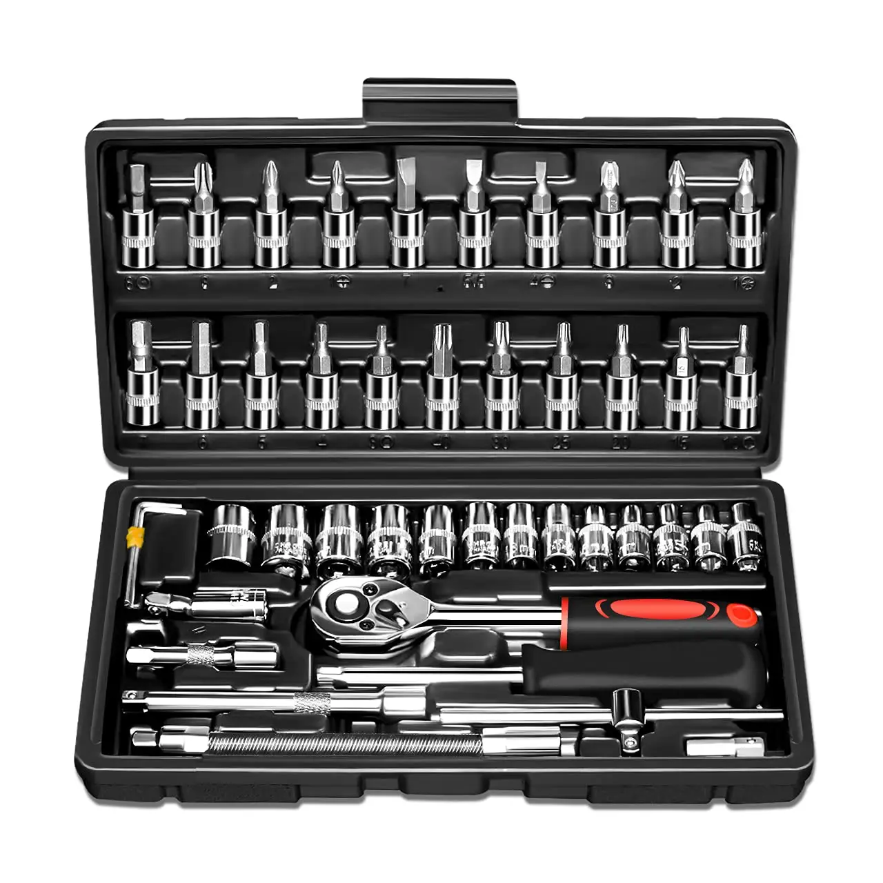 46 Pieces 1/4 inch Drive Socket Ratchet Wrench Set, with Bit Socket Set Metric and Extension Bar for Auto Repairing and Household, with Storage Case