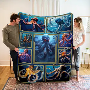 Soft Flannel Blanket with Deep Sea Octopus Puzzle Print, Long Rectangle Polyester Throw for Bed Sofa Outdoor Travel Gift