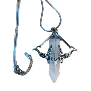 Quartz Crossbow Statement Necklace – Stainless Steel Chain – Angel Cupid Arrow Pendant – Spiritual Intention Jewelry