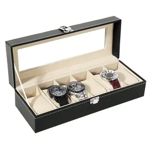 6 Slots Watch Case Organizer with Large Glass Lid Jewelry Storage Watch Display Box for Men & Women Father's Day NONE