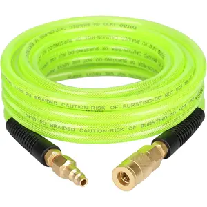 Reinforced Polyurethane Air Hose 1/4" Inner Diameter by 25' Long, Flexible, Heavy Duty Air Compressor Hose with Bend Restrictor, 1/4" Swivel Industrial Quick Coupler and Plug, Green