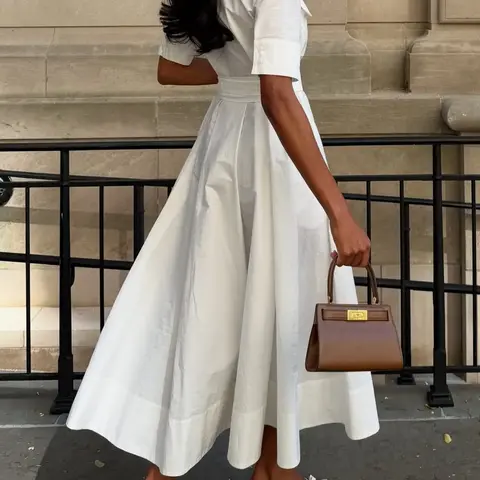 Simple Casual Lapel Short-Sleeve Belted Midi Dress, Slim-Fitting Plain Design, Women's Fashionable Summer Wear, Elegant Daywear for Women