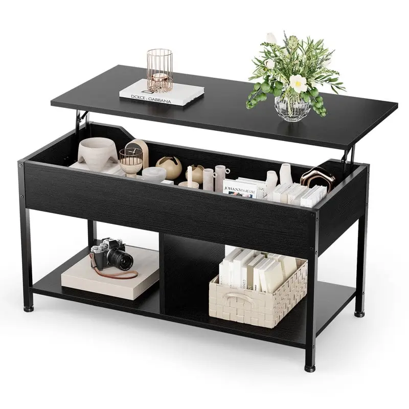 Gianna Farmhouse Lift-Top Wood Coffee Table with Storage - 39" Living Room Center Table, Hidden Compartment, 2 Shelves, Sturdy Build & Adjustable Ft, Black