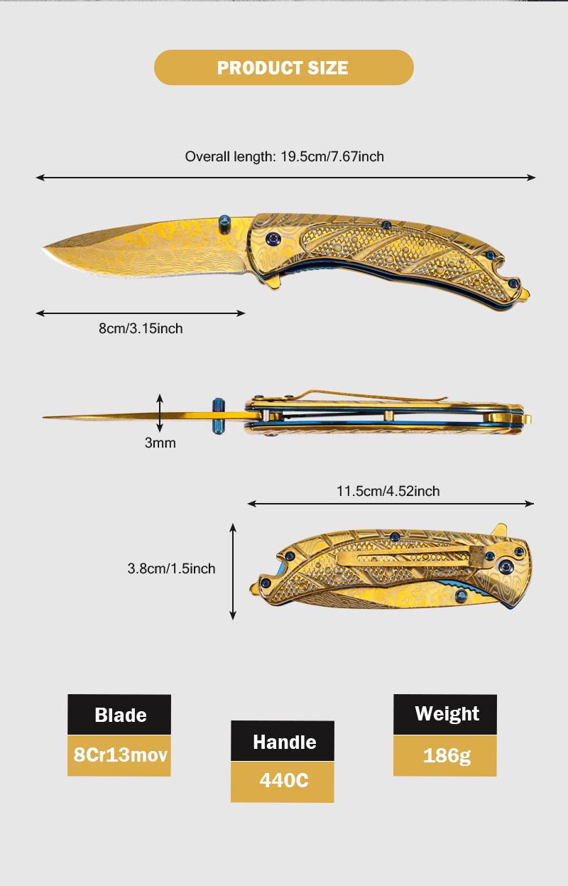 Portable EDC multifunctional tactical outdoor folding knife, all steel construction; convenient pocket/belt clip, suitable for everyday carry, hiking, camping; outdoor cutting tool designed specifically for climbing and fishing.