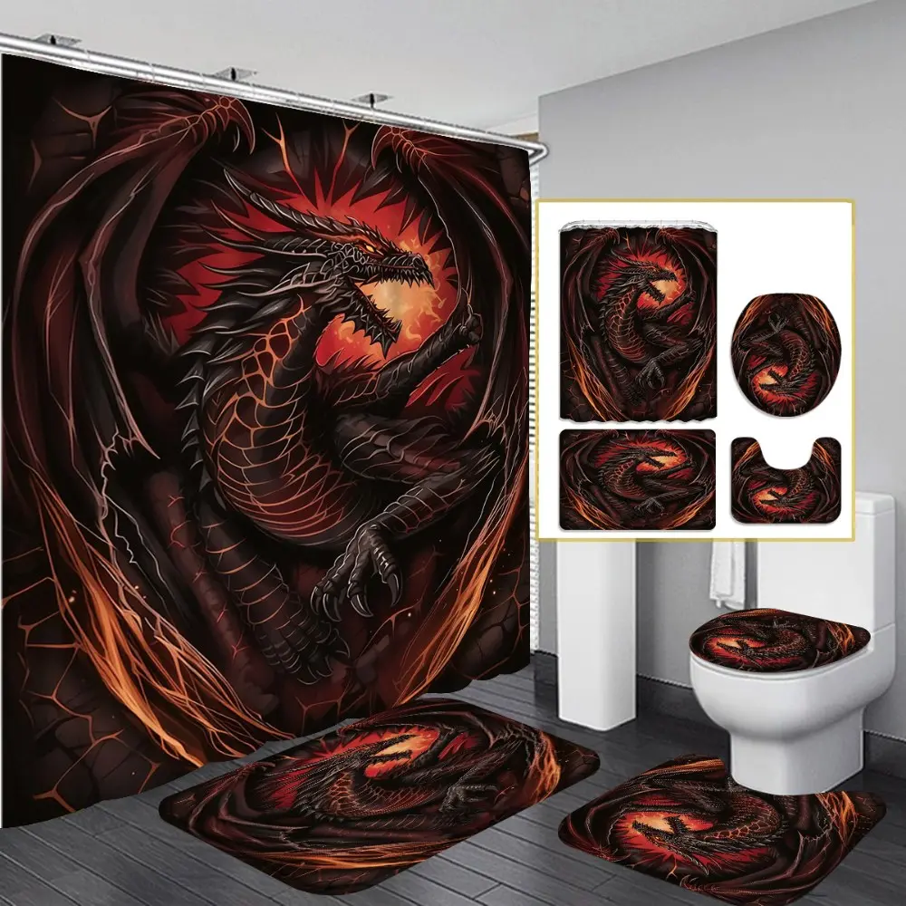 1PC/4PCS 2D Flat Printing Red and Black Flame Dragon Patterned shower curtain, home bathroom decor, shower curtain set with 12 hooks, non-slip bathroom rug, U-shaped toilet seat cover, toilet seat mat.