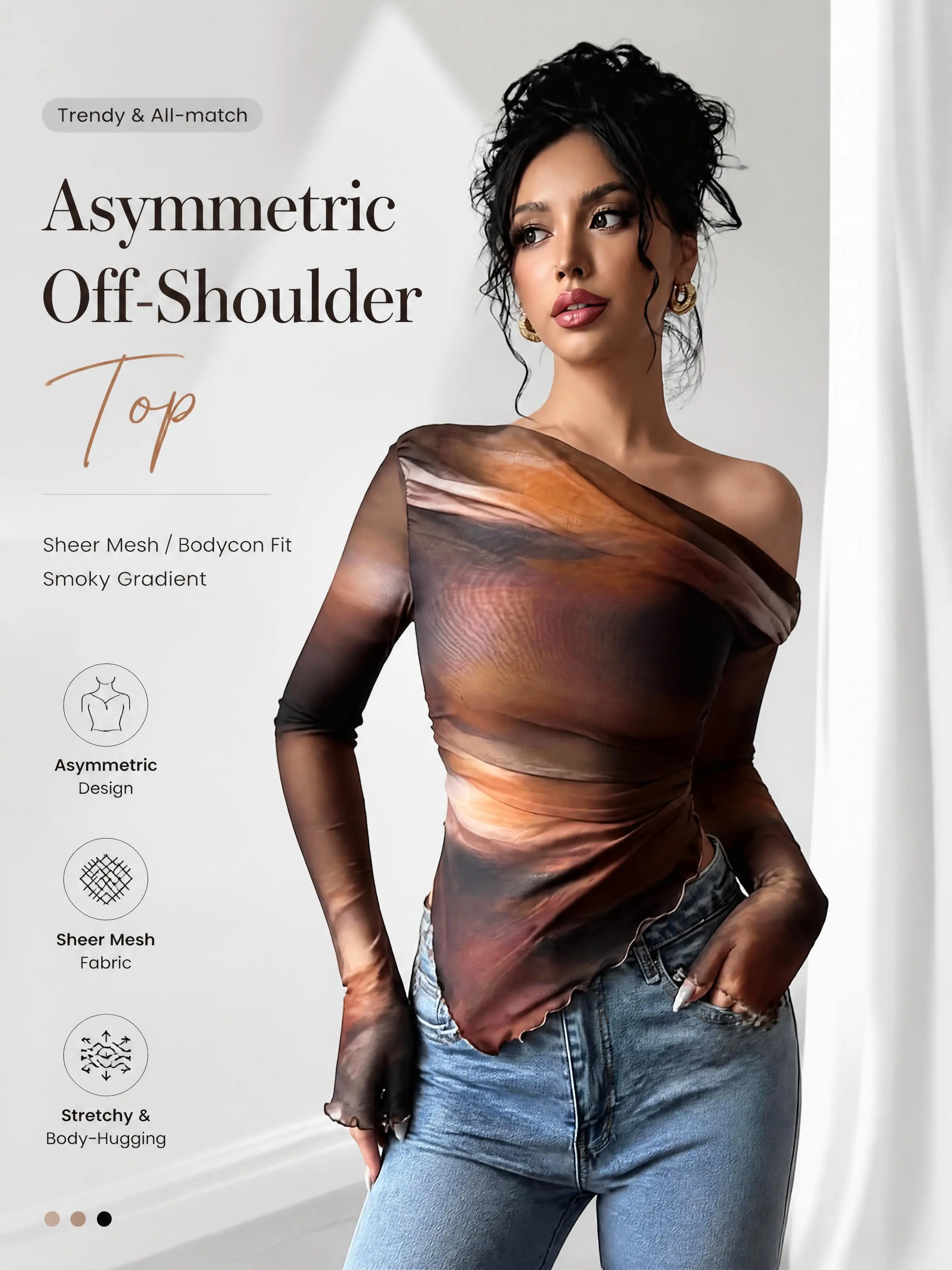 Women's off-shoulder tie-dye mesh top, European and American style, slim fit, sexy style, tie-dye off-shoulder long-sleeved T-shirt, base layer.