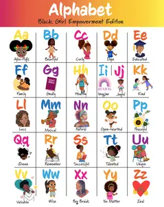 11" x 14' Colorful ABC Alphabet Posters Black Girl Empowerment Edition Classroom Decor Educational Charts for Toddlers 1-3 Preschoolers Homeschool Supplies Semi-Gloss Finish