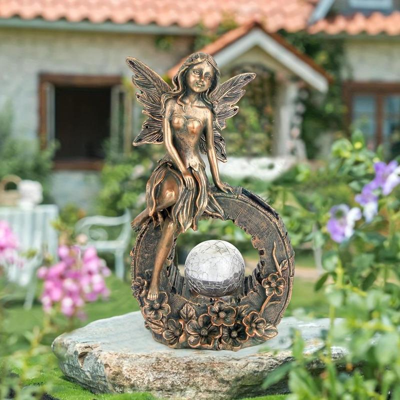 10.7 Inches Garden Outdoor Statue, Flower Fairy Decor, Solar Powered Resin Figurine, Light Sculpture For Yard Lawn Patio Balcony Decoration, Housewarming Gift