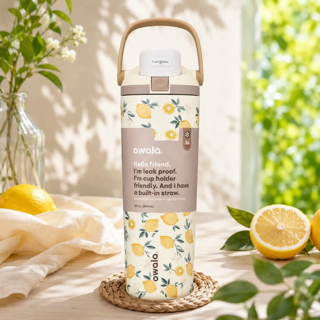 Owala 30oz Stainless Steel Water Bottle, Lemon Floral Insulated Travel Tumbler, Leakproof Built-In Straw, Reusable Drink Bottle for Sports, Gym & On-the-Go Use