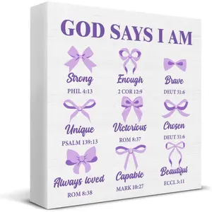 Inspirational Bible Verse Desk Decor, Purple Bow Gifts Christian Decor Living Room Decor, Motivational God Says I Am Enough Wood Sign Christian Decoration for Home Office Coquette Room Nursery Desk Shelf Table 5x5 inch