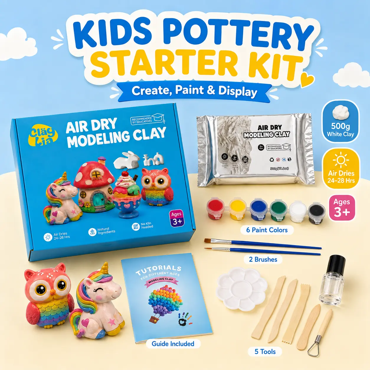 Air Dry Modeling Clay Kit for Kids, 500g White Clay with 6 Paint Colors, Pottery Tools, Brushes & Beginner Guide, Ages 3+