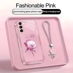 Suitable for [Galaxy S21 5g] high-end women's phone case🥰，a beautiful four-leaf clover lanyard is included🍀，A simple yet sophisticated rose motif—bringing you good luck YM99