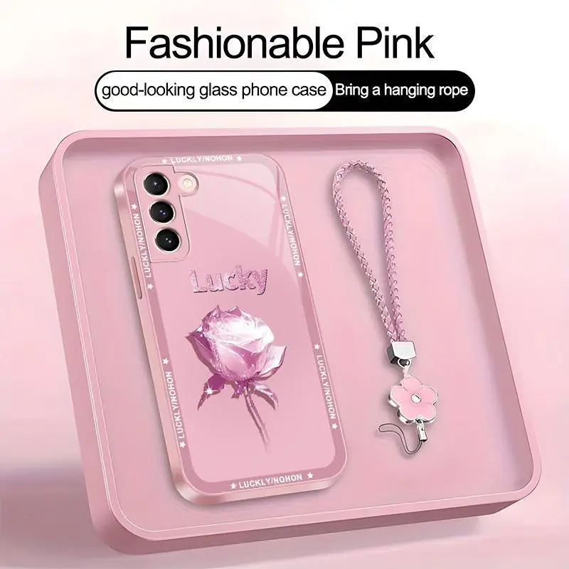 Suitable for [Galaxy S21 5g] high-end women's phone case🥰，a beautiful four-leaf clover lanyard is included🍀，A simple yet sophisticated rose motif—bringing you good luck YM99