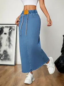 JUNBAOSS Women's Casual Stretch Mid Rise Long Denim Skirt Women Pull On Mid-Length Streetwear Denim A-Line Skirt with Drawstring