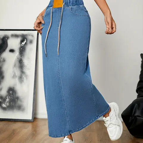 JUNBAOSS Women's Casual Stretch Mid Rise Long Denim Skirt Women Pull On Mid-Length Streetwear Denim A-Line Skirt with Drawstring