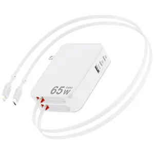65W 5-in-1 Retractable Wall Charger with Dual Cables (3.9ft), Fast Charging USB-C Charger Block with 3 USB Ports, Portable Travel Charger for MacBook Pro, iPhone 17/16/15/14, iPad, Galaxy, Switch