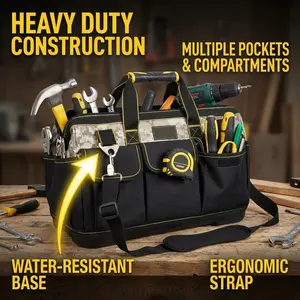 17.72" Heavy Duty Tool Bag, Waterproof Oxford Fabric Tool Tote with Hard Molded Base, Multi-Pocket Organizer with Adjustable Shoulder Strap for Mechanic