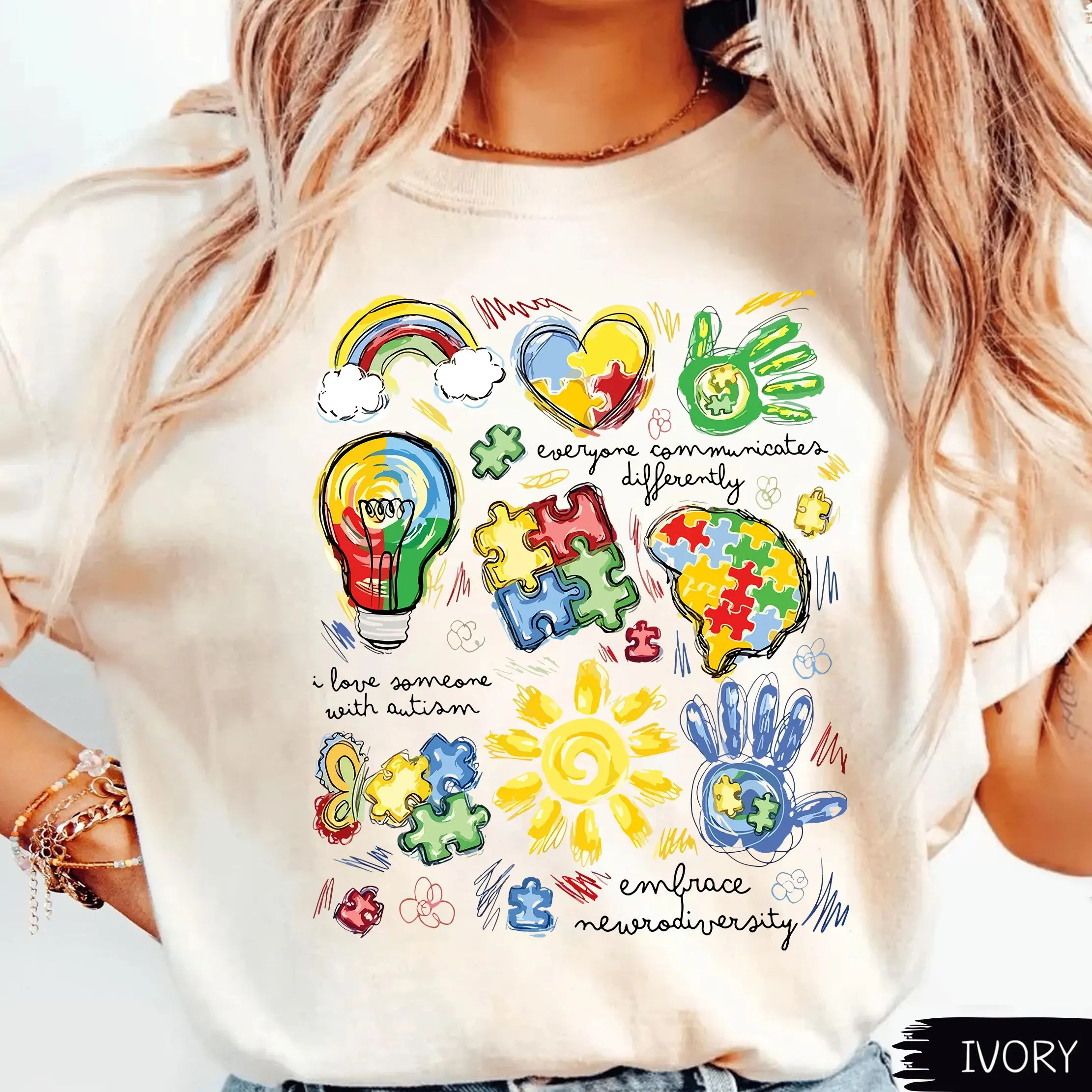 Comfort Colors Everyone Communicates Differently Autism Awareness Month Shirt, Vintage Autism Month Puzzle Acceptance Neurodiversity Graphic Tee
