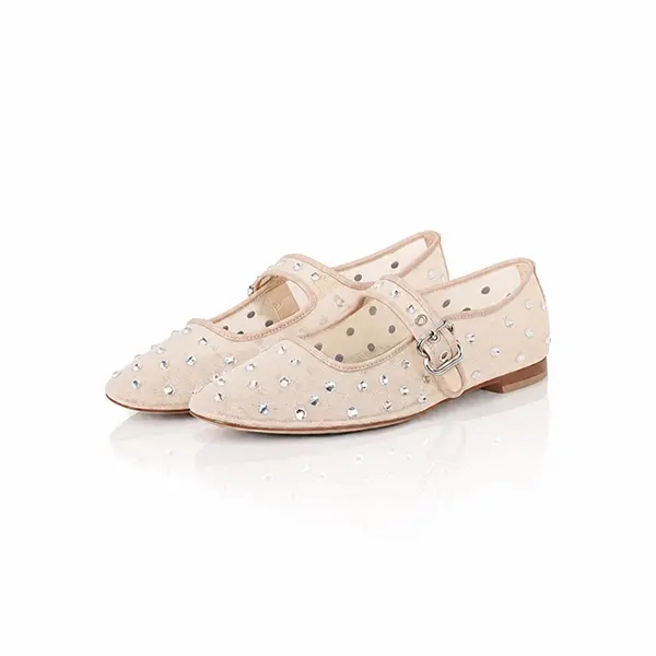 [ Back To Schooli]Women's Classic Nude Rhinestone Mary Jane Flats - Cute Breathable Mesh Ballet Footwear with Buckle Strap, Summer Low-Heel Rubber-Soled Casual Party Dress Shoes