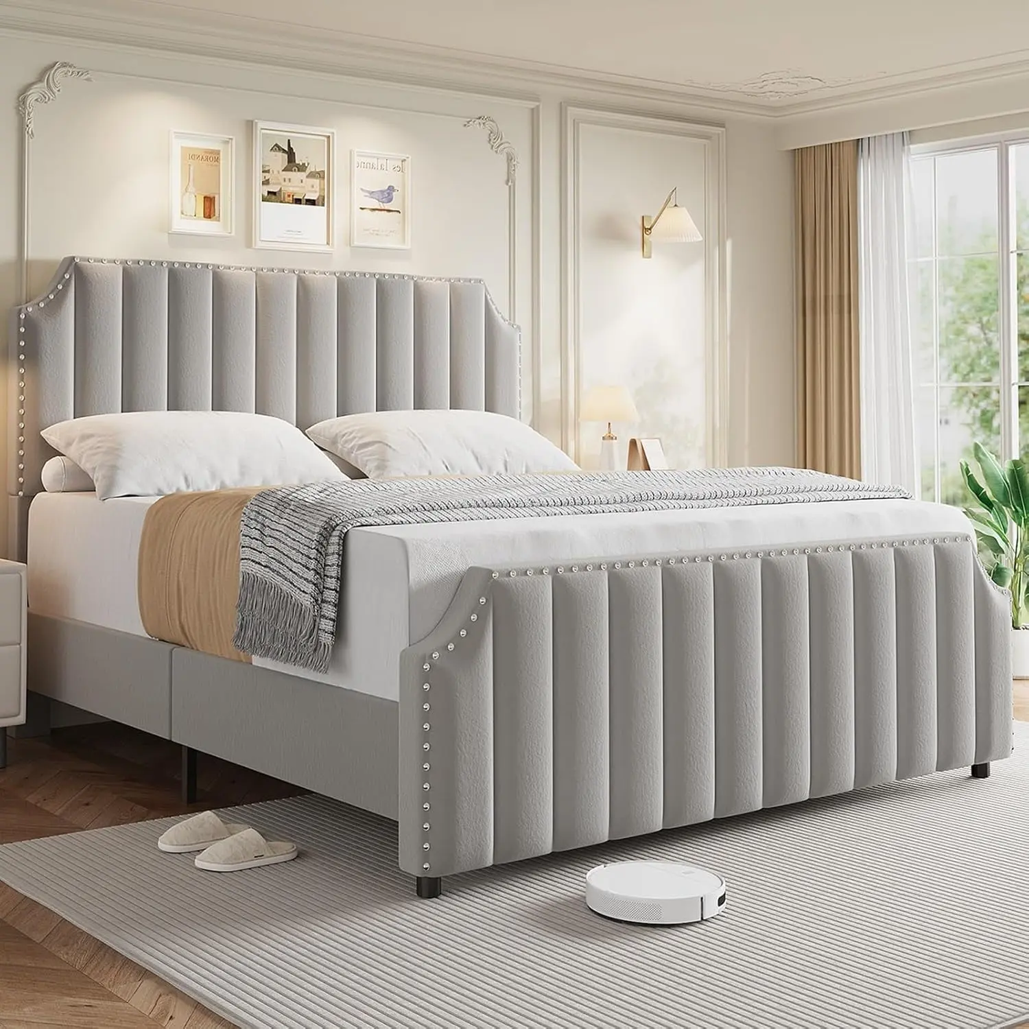 Gaomon Contemporary Upholstered Queen Size Platform Bed Frame, with Upholstered Headboard and Footboard, Strong Wooden Slats Support, No Box Spring Required, Light Gray-A, Contemporary Upholstered Bed, Queen Size Bed