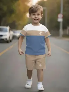 Boys' Short Sleeve Shorts Set, Casual Fashion Style, Fun Geometric Pattern, Summer Outdoor Sports Wear, Soft Breathable Comfort, Outfit