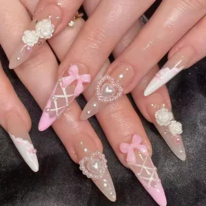 Long Almond Shaped Heart Bow Flower Decor Fake Nails with Nail File & Tape & Stick, 24pcs Reusable False Nails for Women & Girls Diy Nail Art, Nail Art Design, Nail Art Stickers