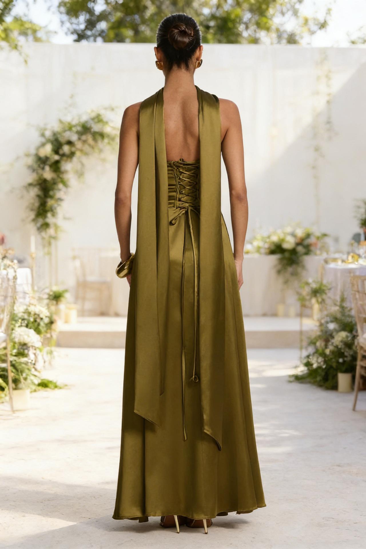 Womens Backless Tube-Top Waist-Cinching Evening Gown Long Dress