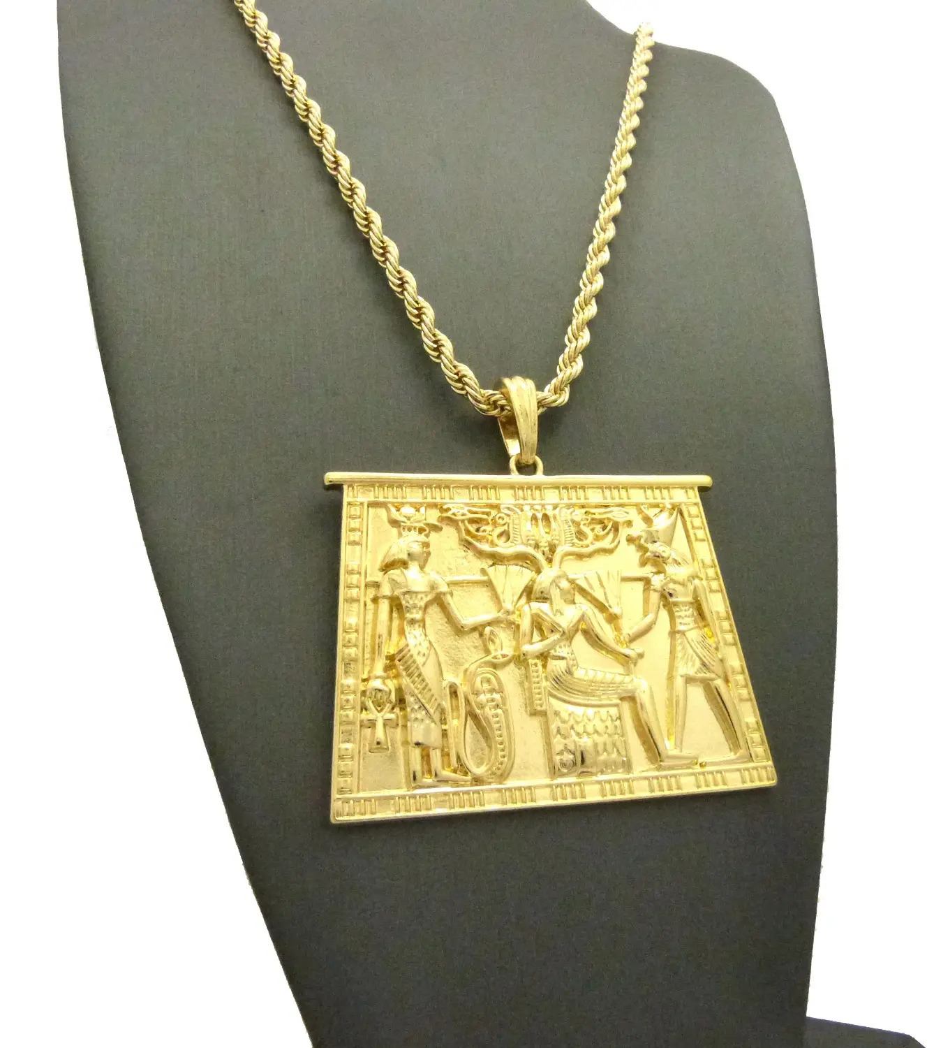 MaxBling81 Hip Hop Celebrity Style Gold-Plated Egyptian Tablet Pendant Necklace, 4mm 24" Long Rope Chain, Metal Coating, Casual Daily Chain & Link Polished Costume Fashion Jewelry