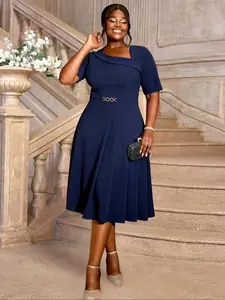 [Plus Size] Asymmetrical Neck Pleated Skirt Dress, Elegant Fashion A Line Dress for Work Office Business Formal Wear, Women Plus Clothing for Summer