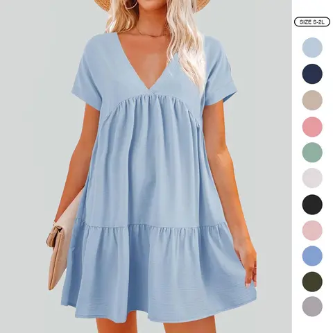 Imily Bela Women V Neck Loose Flowy Swing Shift Dress Summer Short Sleeve Casual Summer Mini Tunic Dress N4Z957