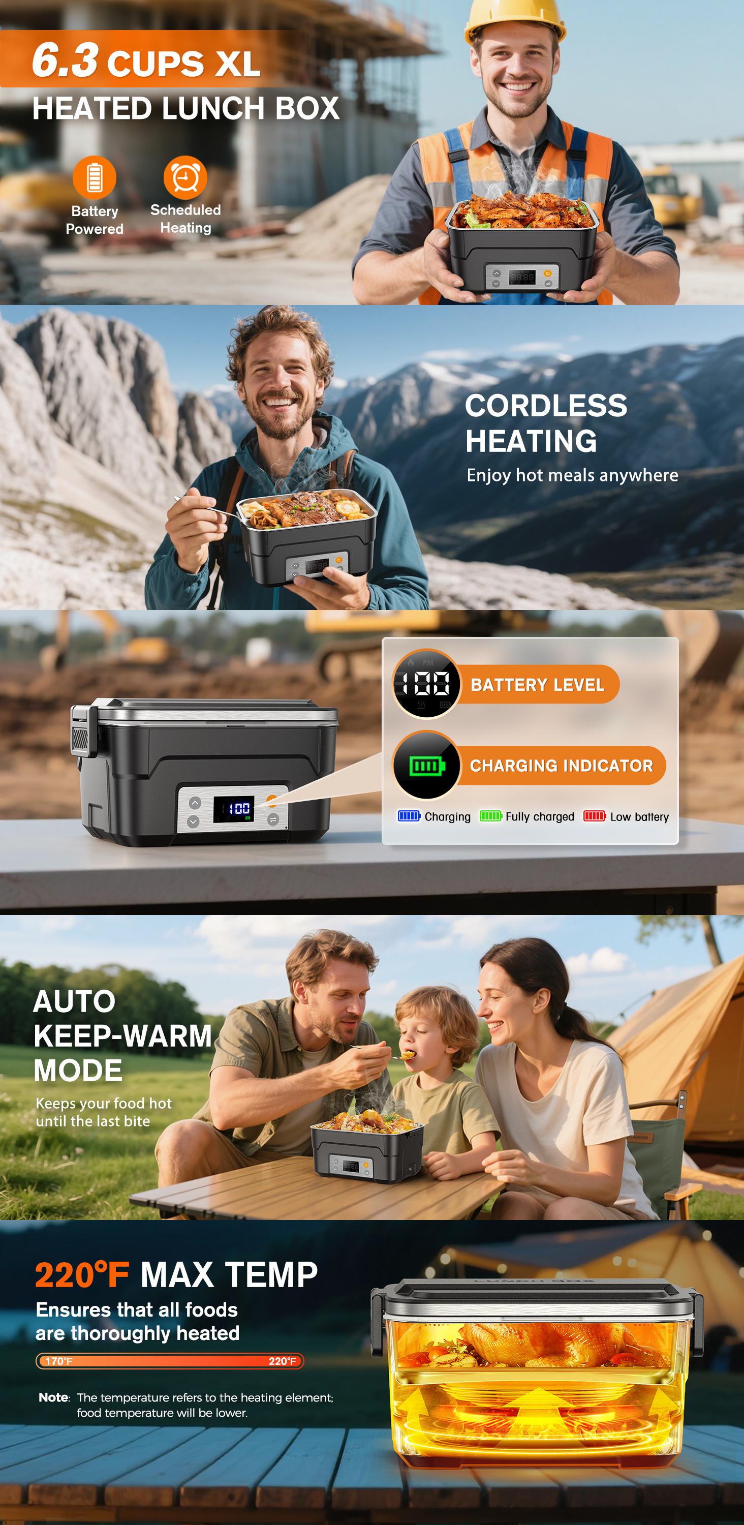 Docusvect 6.3-Cup Heated Lunch Box Cordless with Scheduled Heating | 27,000mAh Cordless Electric Lunch Box, 2H Heat+1H Keep-Warm, Mealtime Setting, Daily Memory, 220°F Max, Leak-Proof, Full Kit