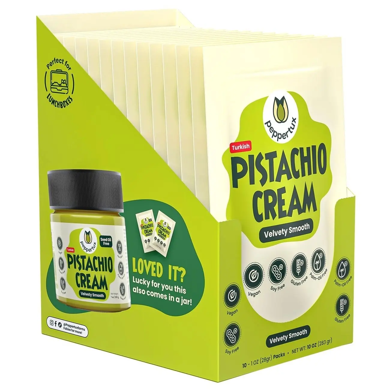 Peppertux Vegan Pistachio Cream in Single-Serve Pouches, 10oz Total (284gr) – Perfect for Snacking, Lunch Boxes, On-the-Go, Workouts, Hiking, and Camping - Single Serve (Box of 10)