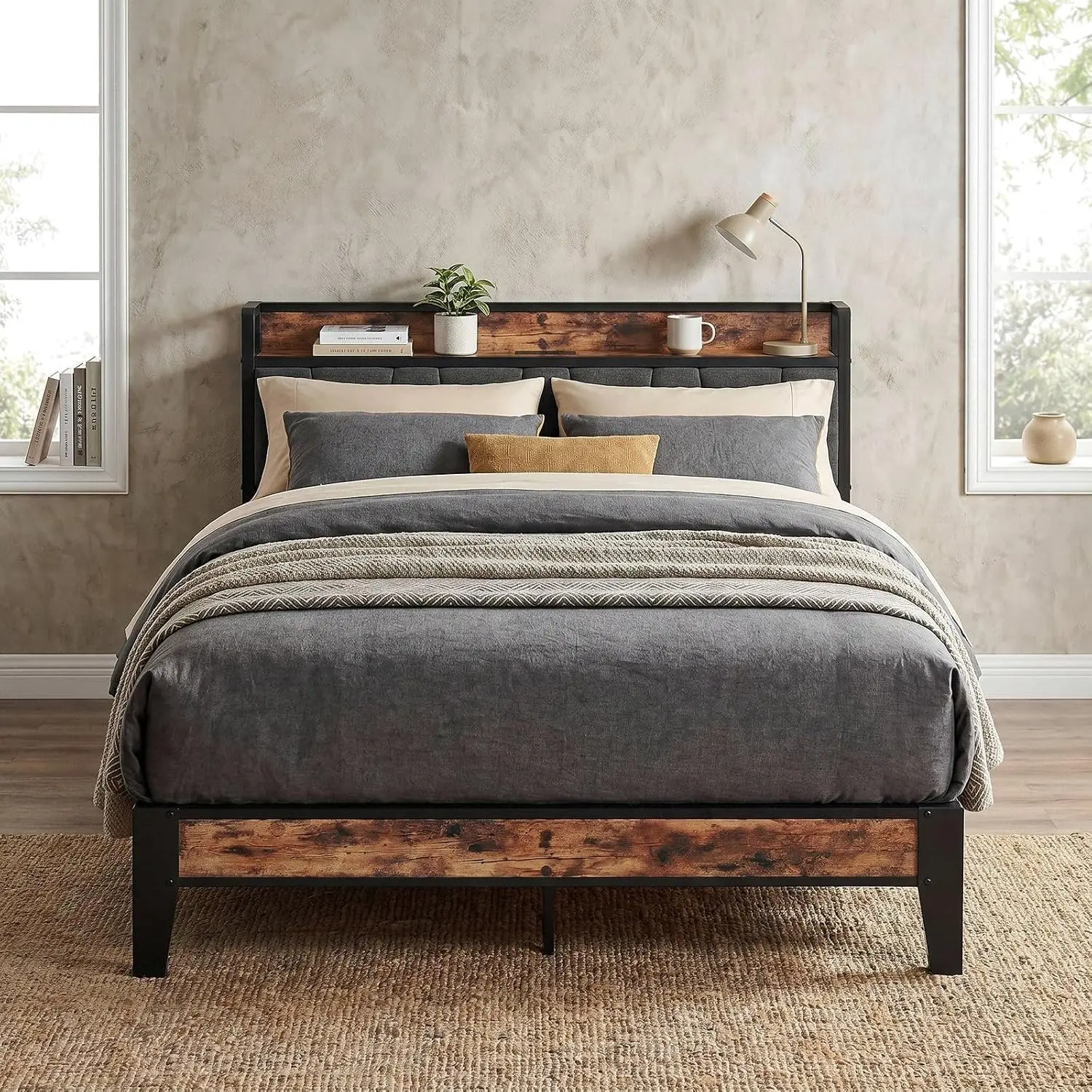 LIKIMIO Bed Frame, Storage Headboard with Charging Station, Solid and Stable, Noise Free, No Box Spring Needed, Easy Assembly Transitional Platform Bed Sturdy Platform Bed