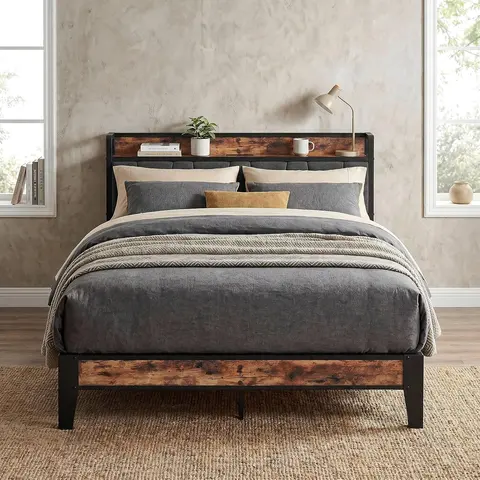 LIKIMIO Queen Size Upholstered Storage Bed Frame with Thick Metal & PU Headboard, USB+2 Outlets Charging Port, Solid Stable Structure, Noise-Free, No Box Spring Needed, Easy Assembly Transitional Design