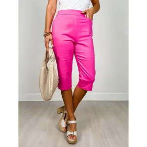 Flat Front with Elastic Waistband Capri Pants in Hot Pink