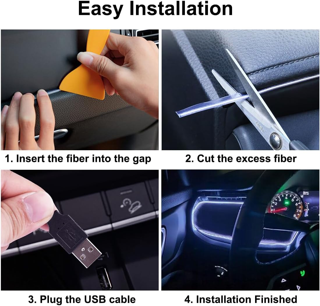 Car Interior LED Strip Light, Acrylic RGB USB Ambient Light Kit, Dreamy Color Chasing, Music Sync Dynamic Scanning Lighting