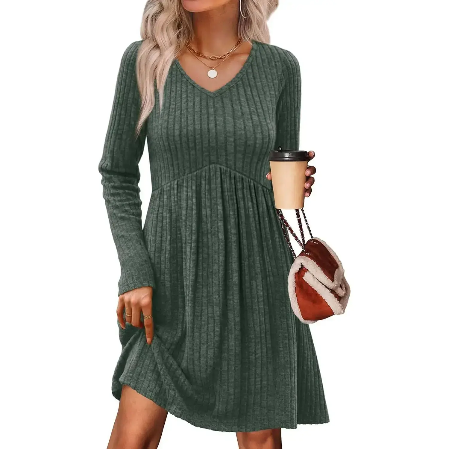 Long Sleeve Sweater Dress Fall Dresses 2025 V Neck Empire Waist Baby Doll  Dresses Women Casual Dress with Pockets - TikTok Shop