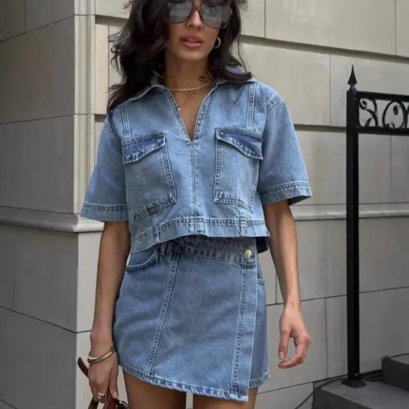 Popular double-placket V-neck pullover short denim shirt high-waisted denim culottes set