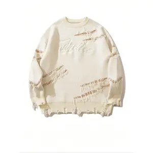 Men's Regular Fit Letter Embroidery Raw Hem Ripped Drop Shoulder Sweater, Casual Soft Comfy Long Sleeve Round Neck Jumper For Fall & Winter, Men's Knitwear Top For Daily Wear