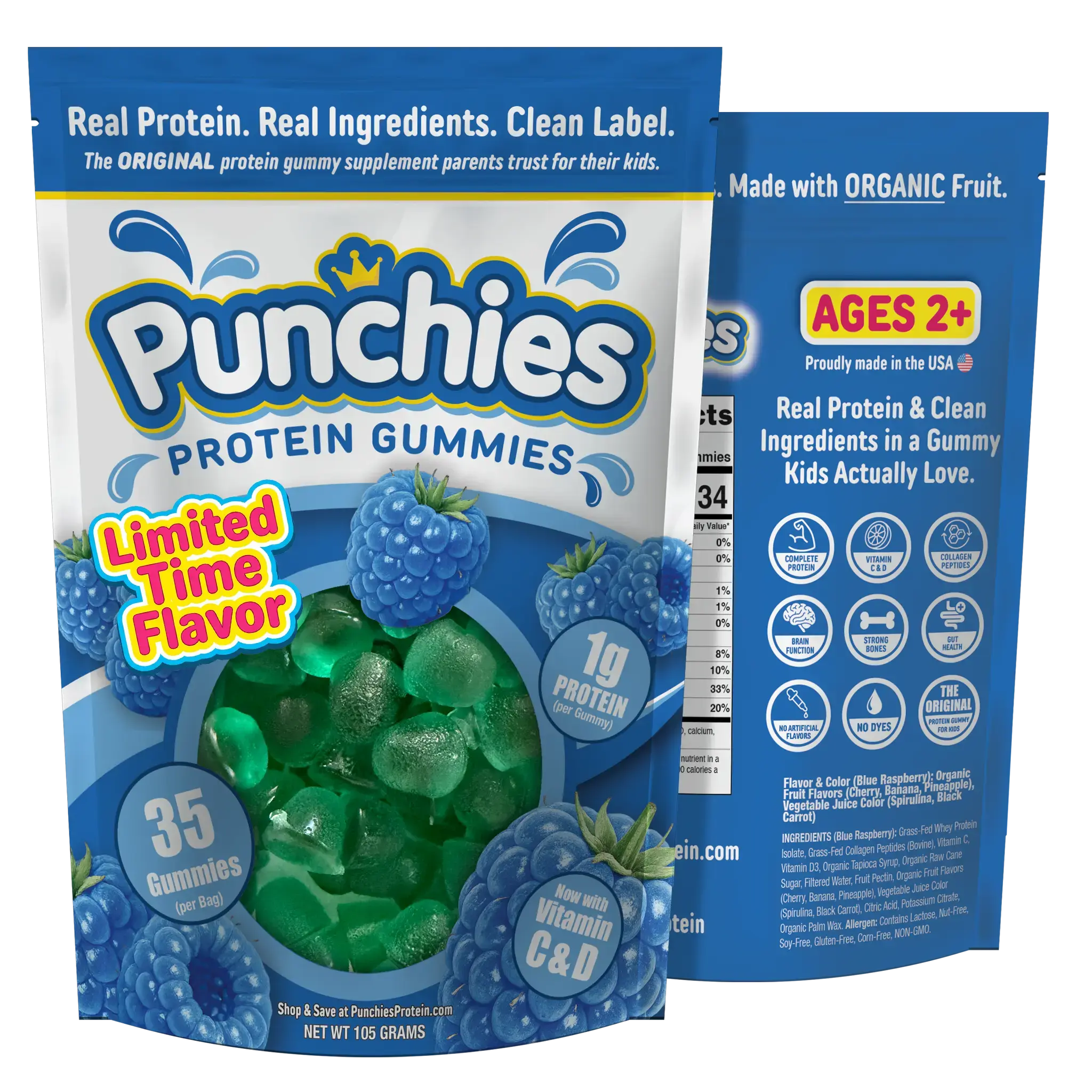 Punchies Protein Gummies for Kids | Whey, Collagen, Vitamin D, Vitamin C | Blue Raspberry